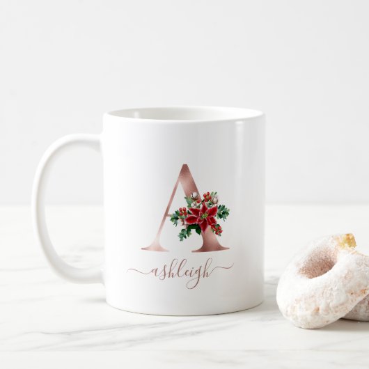 Monogram A Roos Gold Poinsettia Script Koffiemok (Met donut)