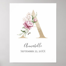 Monogram A Roze Witte Bloem Gouden Letter Babykame Poster