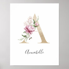 Monogram A Roze Witte Bloem Gouden Letter Babykame Poster