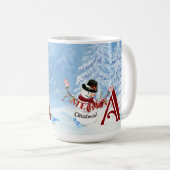 Monogram A Snowy Merry Kerstmis Snowman Trees Koffiemok (Voorkant rechts)