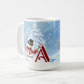 Monogram A Snowy Merry Kerstmis Snowman Trees Koffiemok (Voorkant links)