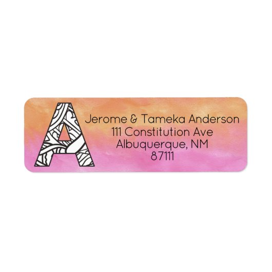 Monogram A Tangle Letter Oranje Roze Waterverf Etiket (Voorkant)