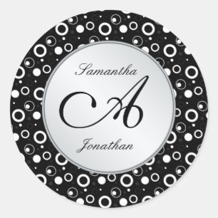 Monogram "A" zwart wit bubbels cirkels Bruiloft Ronde Sticker
