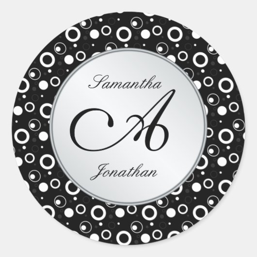 Monogram "A" zwart wit bubbels cirkels Bruiloft Ronde Sticker (Voorkant)