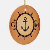 Monogram Aangepast bras Nautisch wiel en anker Keramisch Ornament (Rechts)