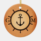 Monogram Aangepast bras Nautisch wiel en anker Keramisch Ornament (Voorkant)