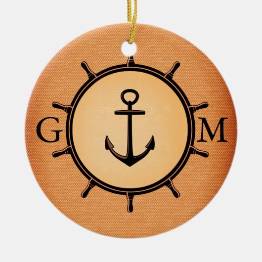 Monogram Aangepast bras Nautisch wiel en anker Keramisch Ornament (Voorkant)