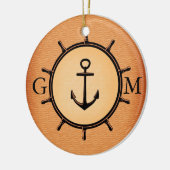 Monogram Aangepast bras Nautisch wiel en anker Keramisch Ornament (Links)