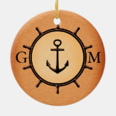 Monogram Aangepast bras Nautisch wiel en anker Keramisch Ornament (Achterkant)