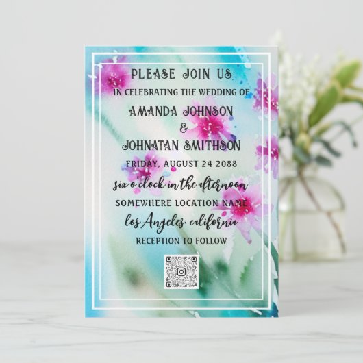 Monogram Aangepast Foto QR Code Blauw Roze Meadow Kaart (Staand voorkant)