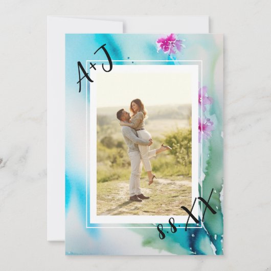 Monogram Aangepast Foto QR Code Blauw Roze Meadow Kaart (Achterkant)