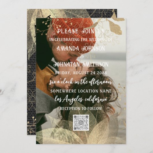 Monogram Aangepast Foto QR Code Golden Linen Kaart (Voorkant / Achterkant)