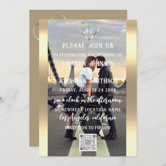 Monogram Aangepast Foto QR Code Goud Grijs Kaart (Voorkant / Achterkant)