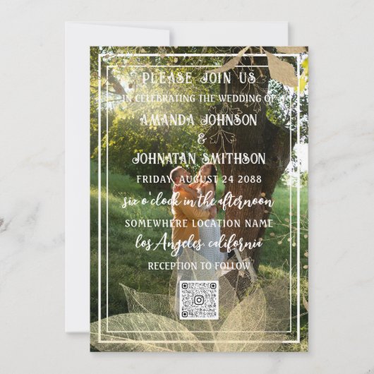 Monogram Aangepast Foto QR Code Woodland Gold Groe Kaart (Voorkant)