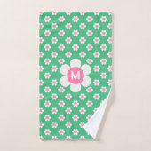 Monogram Aangepast Retro Madeliefjes Roze en Groen Bad Handdoek (Handdoek)