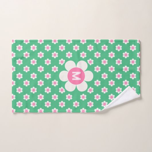 Monogram Aangepast Retro Madeliefjes Roze en Groen Bad Handdoek (Handdoek)