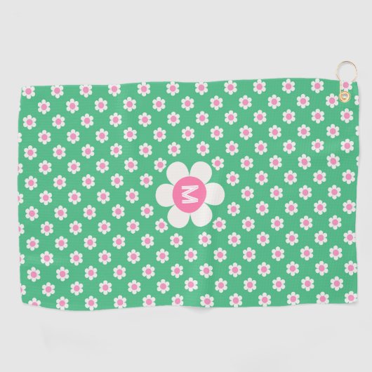 Monogram Aangepast Retro Madeliefjes Roze en Groen Golfhanddoek (Horizontaal)