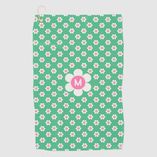 Monogram Aangepast Retro Madeliefjes Roze en Groen Golfhanddoek (Voorkant)
