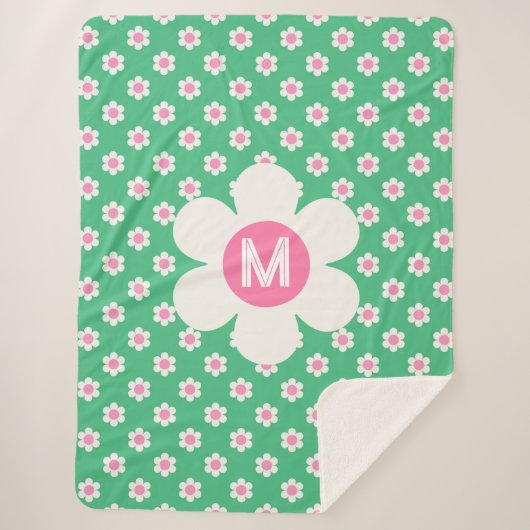 Monogram Aangepast Retro Madeliefjes Roze en Groen Sherpa Deken (Voorkant)