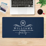 Monogram Aangepaste familienaam Wit Script Bureaumat<br><div class="desc">Monogram Custom Family Name White Script Desk Mats heeft een monogram en gepersonaliseerde familienaam in een elegante witte scripttypografie op een donkerblauwe achtergrond. Perfecte gift voor familie en vrienden voor verjaardag,  Kerstmis,  Vaderdag,  Moederdag,  Grootouders,  vrouw,  echtgenoot,  moeder,  vader en meer. Ontworpen door ©Evco Studio www.zazzle.com/store/evcostudio</div>