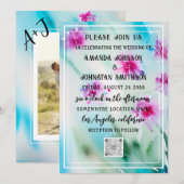 Monogram aangepaste foto QR-code blauw roze weide Kaart (Voorkant / Achterkant)