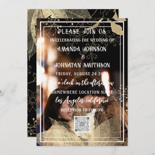 Monogram Aangepaste foto QR Code Zwart Witte Flora Kaart (Voorkant / Achterkant)