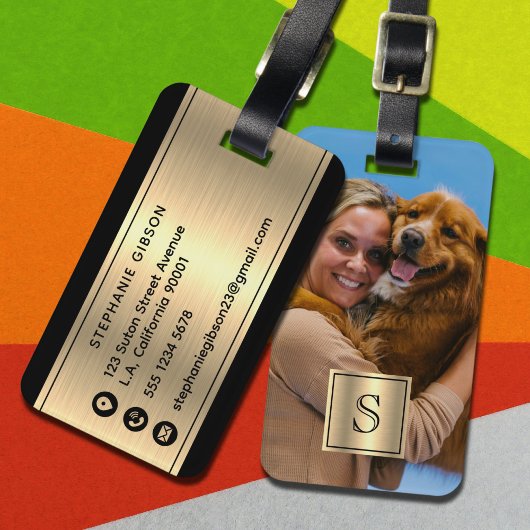 Monogram, aangepaste foto zwart & namaakgoud luxe bagagelabel