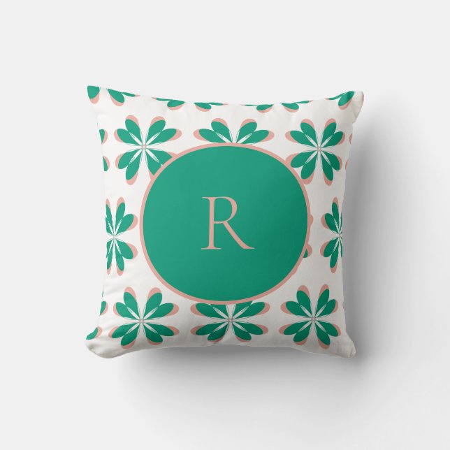 Monogram Aangepaste Groene Floral Kussen (Voorkant)