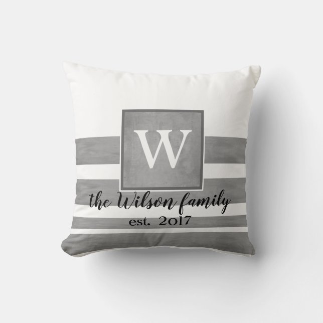 monogram aangepaste kussen sepia en witte strepen (Voorkant)
