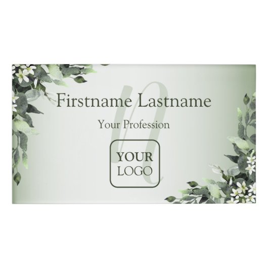 Monogram Aangepaste Logo Floral Leaves Naambadge (Voorkant)