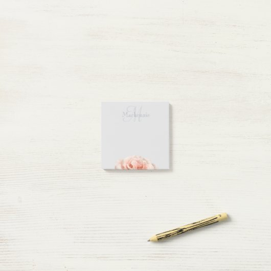 Monogram Aangepaste naam Floral Blush Pink Rose Gr Post-it® Notes (Op bureau)