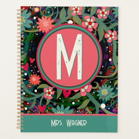 Monogram Aangepaste naam Floral Teacher Planner (Voorkant)