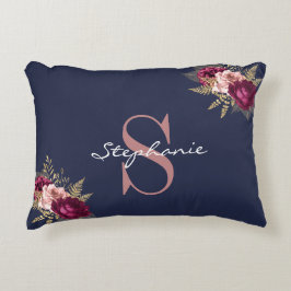 Monogram Aangepaste naam Roze Gold Burgundy Floral Accent Kussen