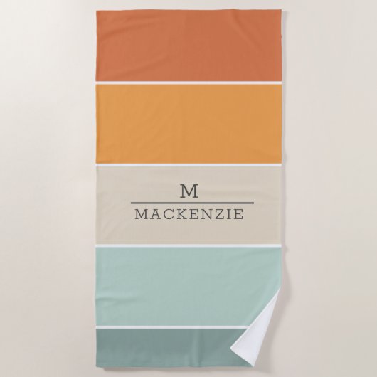 Monogram Aangepaste Naam Streep Perzik Blauw Koraa Strandlaken (Voorkant)