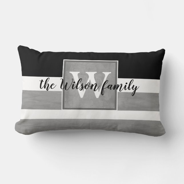 monogram aangepaste pelzen grijze en witte strepen kussen (Voorkant)