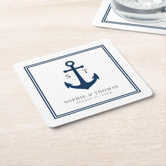 Monogram Aangepaste Rand en Anker Kleur Nautisch Kartonnen Onderzetters (Schuin)