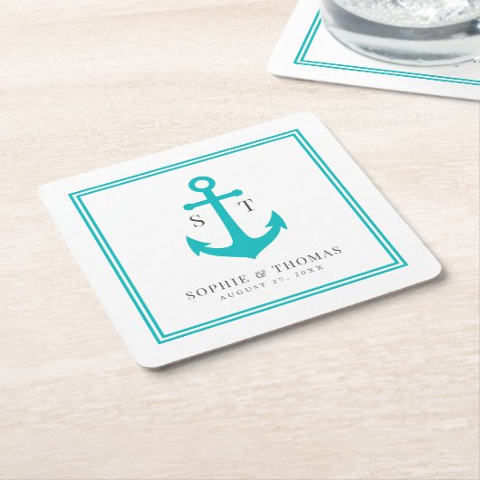 Monogram Aangepaste Rand en Anker Kleur Nautisch Kartonnen Onderzetters (Schuin)