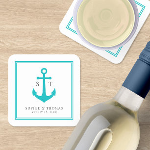 Monogram Aangepaste Rand en Anker Kleur Nautisch Kartonnen Onderzetters