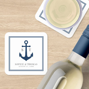 Monogram Aangepaste Rand en Anker Kleur Nautisch Kartonnen Onderzetters