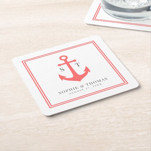 Monogram Aangepaste Rand en Anker Kleur Nautisch Kartonnen Onderzetters (Schuin)