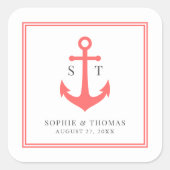 Monogram Aangepaste Rand en Anker Kleur Nautisch Vierkante Sticker (Voorkant)