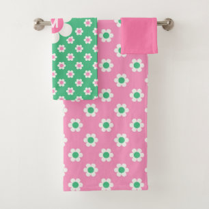 Monogram Aangepaste Retro Daisies Roze en Groen Bad Handdoek