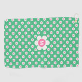 Monogram Aangepaste Retro Daisies Roze en Groen Golfhanddoek (Horizontaal)