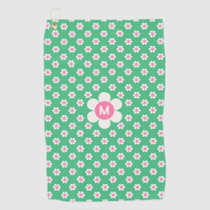 Monogram Aangepaste Retro Daisies Roze en Groen Golfhanddoek