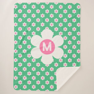Monogram Aangepaste Retro Daisies Roze en Groen Sherpa Deken