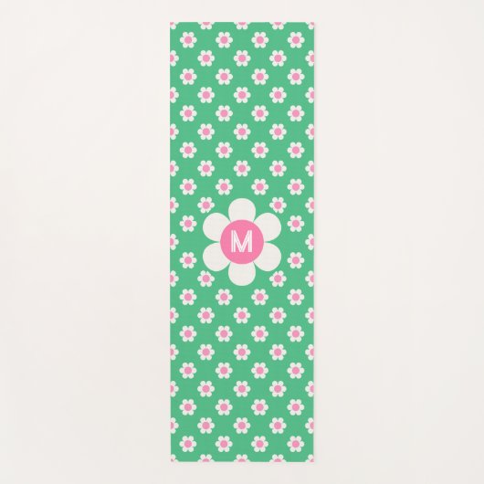 Monogram Aangepaste Retro Madeliefjes Roze en Groe Yogamat (Voorkant)