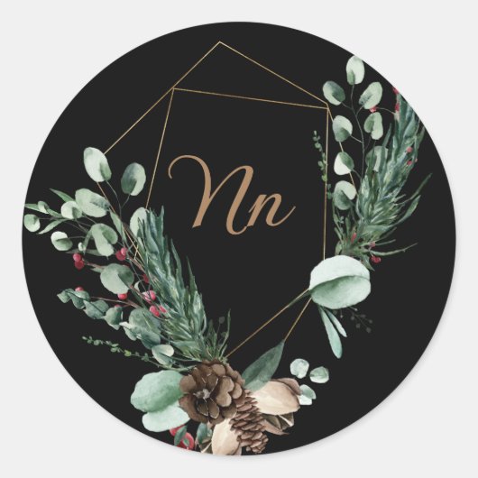 Monogram aanpasbaar gouden frame groene tak  ronde sticker (Voorkant)