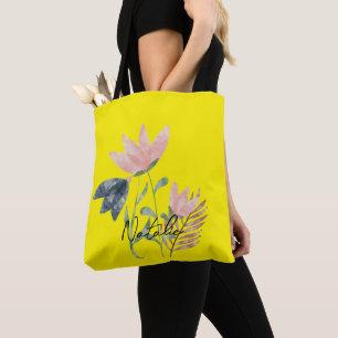 Monogram Aantrekkelijke zomerbloemen geel Tote Bag