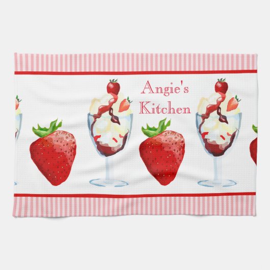 Monogram aardbei sundae ijskom roze strepen theedoek (Horizontaal)