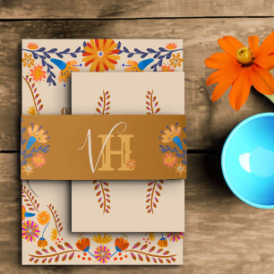 Monogram aardeachtig Boho Mexicaans Bloemen Uitnodigingen Wikkel